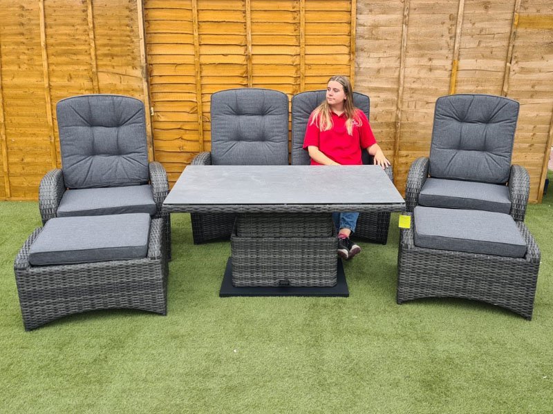 Burbage Reclining Rattan Sofa Set Adjustable Table in Stone Grey